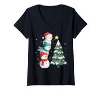 Donna Funny Snowmen Topper Stack Decorating Christmas Tree Cute Maglietta con Collo a V
