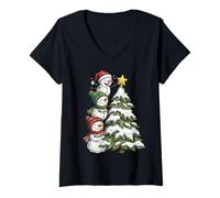 Donna Funny Snowmen Topper Stack Decorating Christmas Tree Cute Maglietta con Collo a V