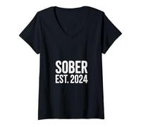 Donna Funny Sober EST 2024 Dire Sobrietà Recupero Maglietta con Collo a V