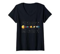 Donna Funny Solar System - Astronauts Space Videogiochi Maglietta con Collo a V