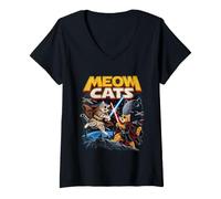 Donna Funny Space Cats Galactic Battle Cat Lover Cartoon Art Maglietta con Collo a V