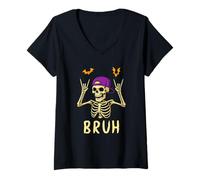 Donna Funny Stylish Halloween Skeleton Rock On Cool Bruh Meme Maglietta con Collo a V