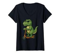 Donna Funny T rex Dinosaur Scooter Ragazzi Ragazze Bambini Maglietta con Collo a V