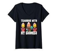 Donna Funny Teaching with My Gnomies 100 Days of School Gnomes Maglietta con Collo a V