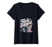 Donna Funny Tech Support Cute Cat Ironic IT Maglietta con Collo a V