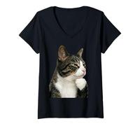 Donna Funny Thinking Cat Maglietta con Collo a V