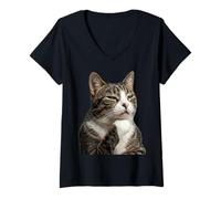 Donna Funny Thinking Cat Maglietta con Collo a V