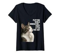 Donna Funny Thinking Cat - Plotting World Domination After Nap Maglietta con Collo a V