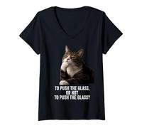 Donna Funny Thinking Cat - Push The Glass Maglietta con Collo a V