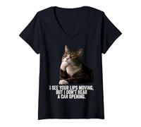 Donna Funny Thinking Cat - See Lips Moving Don't Hear Can Opening Maglietta con Collo a V