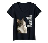 Donna Funny Thinking Cat - See Lips Moving Don't Hear Can Opening Maglietta con Collo a V