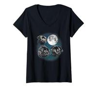 Donna Funny Three 3 Moon Howling Black Pug Dog Dog Lover Maglietta con Collo a V