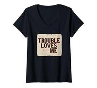 Donna Funny Trouble Loves Me Logo per Adulti e Bambini Maglietta con Collo a V