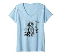 Donna Funny UFO Bernese Mountain Dog Alien Vintage 90s Wild West Maglietta con Collo a V
