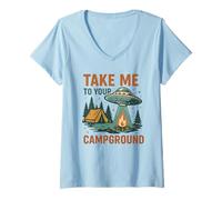 Donna Funny UFO Camping Design Take Me to Your Campground Alien Maglietta con Collo a V