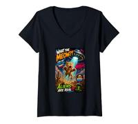 Donna Funny UFO Cat Alien Abduction Retro Comic Design Maglietta con Collo a V