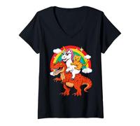 Donna Funny Unicorn Cat Riding Dinosaur T-Rex Rainbow Space Galaxy Maglietta con Collo a V