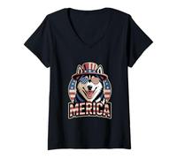 Donna Funny USA Siberian Husky Merica 4th of July Dog Maglietta con Collo a V