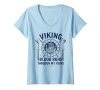 Donna Funny Viking Blood Runs Through My Veins Vikings Norse Maglietta con Collo a V