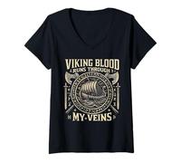 Donna Funny Viking Blood Runs Through My Veins Vikings Norse Maglietta con Collo a V