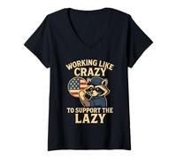 Donna Funny Working Like Crazy To Support The Lazy US Flag Raccoon Maglietta con Collo a V