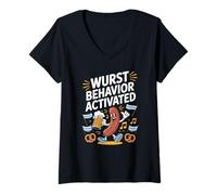 Donna Funny Wurst Behavior Activated Oktoberfest Funny Maglietta con Collo a V