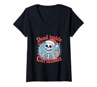 Donna Funny Xmas Skeleton Graphic. Dead Inside But It's Christmas Maglietta con Collo a V