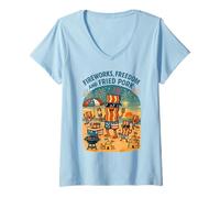 Donna Fuochi d'artificio Freedom & Fritto Maiale Patriottico Pancetta Spiaggia BBQ Maglietta con Collo a V