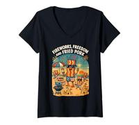 Donna Fuochi d'artificio, Freedom & Fritto Maiale Patriottico Pancetta Spiaggia BBQ Maglietta con Collo a V