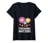 Donna Fuochi d'artificio Matsuri Cultura Pop Estetica Giapponese Maglietta con Collo a V