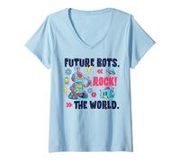 Donna Future Robots Rock The World Graphic Robot Amante Bambini Maglietta con Collo a V