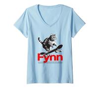 Donna FYNN - Nome ragazzo simpatico con gatto e skateboard Maglietta con Collo a V
