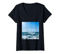 Donna Gabbiani Che volano Onde oceaniche Scena del Cielo costiero Maglietta con Collo a V
