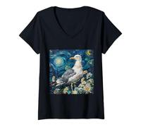 Donna Gabbiano Floreale Van Gogh Notte Stellata Pittura Amanti Uccelli Maglietta con Collo a V