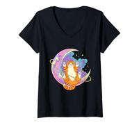 Donna Galactic Orange Tabby Cat Galactic Floating On Mystic Moon Maglietta con Collo a V