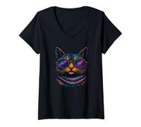 Donna Galaxy Cat Graphic - Cool Cosmic Feline con occhiali da sole Maglietta con Collo a V