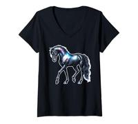 Donna Galaxy Horse x Cavallo Nero Maglietta con Collo a V