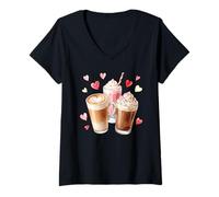 Donna Galentines Day Coffee Lover Acquerello Besties Brunch Latte Maglietta con Collo a V