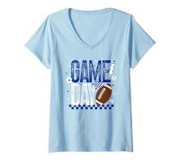 Donna Game Day Calcio Stagione Retro Checked Blu Bianco Touchdown Maglietta con Collo a V