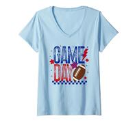 Donna Game Day Football Season Retro Blu e Rosso Touchdown Regalo Maglietta con Collo a V