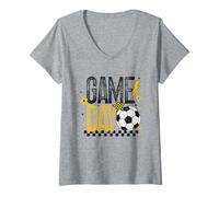 Donna Game Day Retro Stagione Calcio Nero & Giallo Oro Touchdown Maglietta con Collo a V