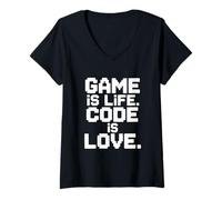 Donna Game Is Life Code Is Love Techie Gamer Humor Maglietta con Collo a V