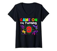 Donna Game On I'm Turning 9 Laser Tag Gaming Festa di Compleanno Maglietta con Collo a V