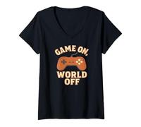 Donna Game On, World off - Controller di Gioco Maglietta con Collo a V