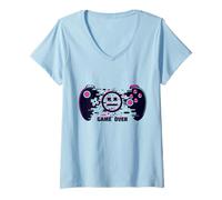 Donna Game Over with Wild Smile Face Mood with Controller Graphic Maglietta con Collo a V