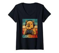 Donna Gamebara Capybara Gamer Controller di Gioco retrò Divertente Maglietta con Collo a V
