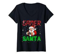 Donna Gamer Babbo Natale Videogioco Maglietta con Collo a V