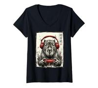 Donna Gamer Capybara Indossare Rosso Cuffie Giapponese Nerd Giappone Maglietta con Collo a V