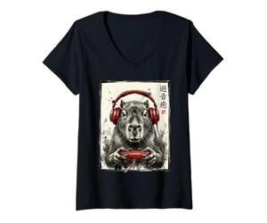Donna Gamer Capybara Indossare Rosso Cuffie Giapponese Nerd Giappone Maglietta con Collo a V