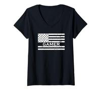 Donna Gamer Flag Video Game Player On Gaming Gift Maglietta con Collo a V